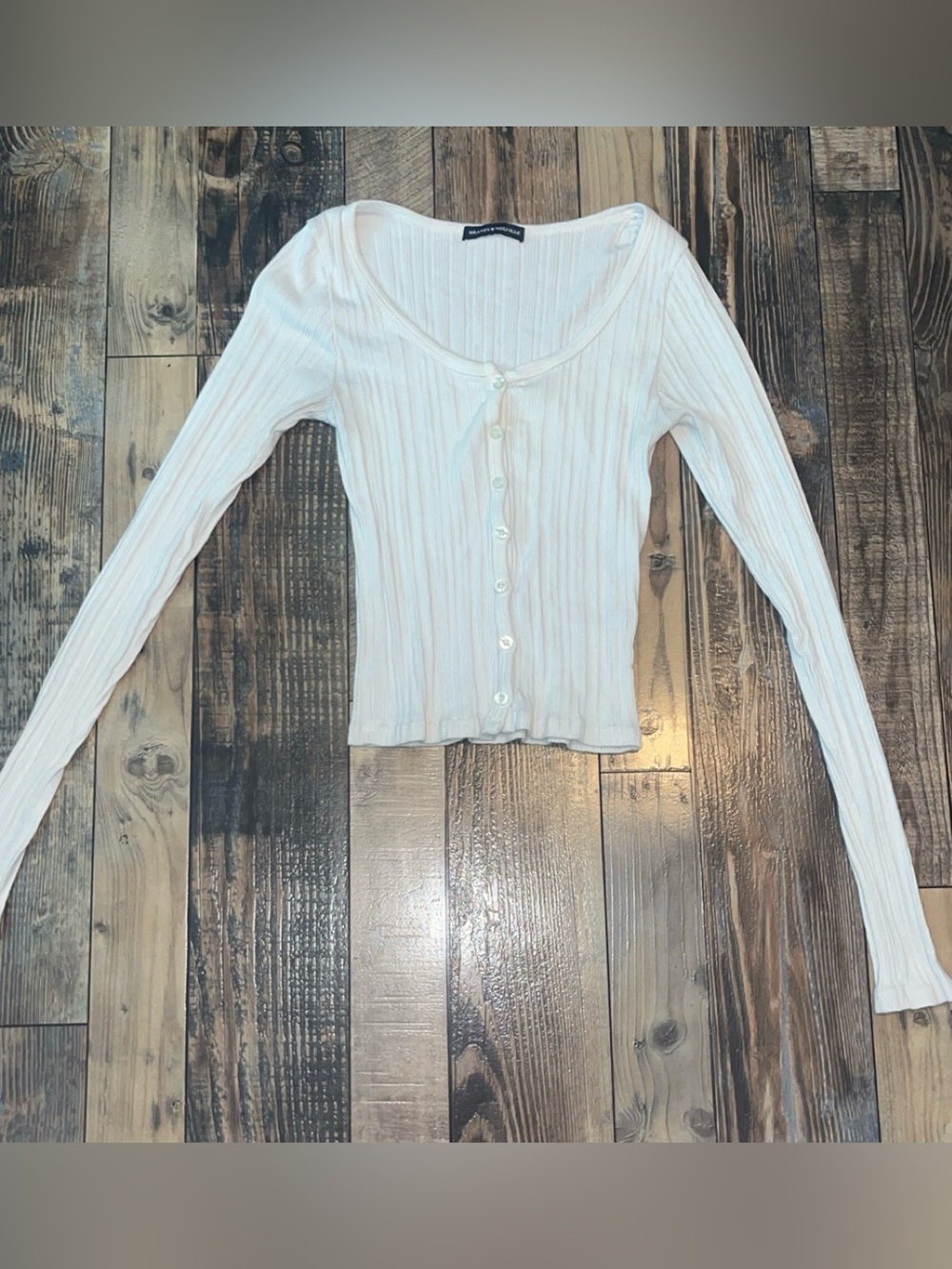 Brandy Melville White Ribbed Button-Front Long Sleeve Top